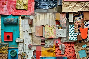 Vibrant background collage of assorted materials for diy upcycling projects