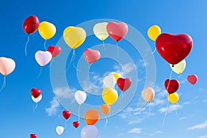 Vibrant Balloon Bouquet Floating in Clear Blue Sky