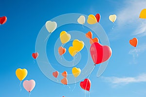 Vibrant Balloon Symphony: Floating Shapes and Colors in Clear Blue Sky