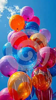 Vibrant balloons against a backdrop of a clear blue sky