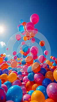 Vibrant balloons against a backdrop of a clear blue sky