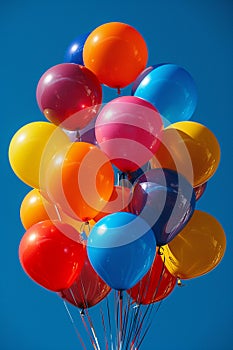 Vibrant balloons against a backdrop of a clear blue sky