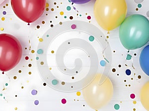 Vibrant Balloons and Confetti on White Surface, Perfect for Party Background