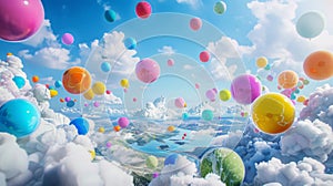 Vibrant Balloons Soaring Above Serene Cloudscape
