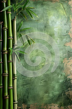 Vibrant bamboo stems on textured green backdrop, embodying Zen and tranquility.