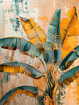 Vibrant Banana Tree Painting Against Textured Grunge Wall