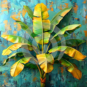 Vibrant Banana Tree Painting against Textured Turquoise Wall