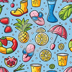 Vibrant beach accessories on light blue.