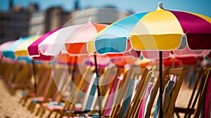 Vibrant beach boardwalk with colorful huts and sun umbrellas, perfect for summer fashion promotion