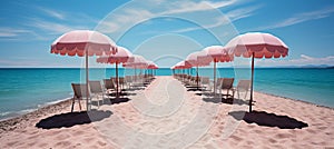 Vibrant beach boardwalk with colorful huts and sun umbrellas perfect for summer promotion