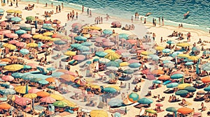 A Vibrant Beach Day with Sunbathers and Crowds. Perfect for Posters and Web Design.