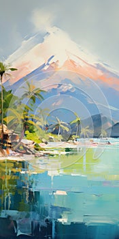 Vibrant Beach Painting With Mountain And Volcano In Eric Canete Style