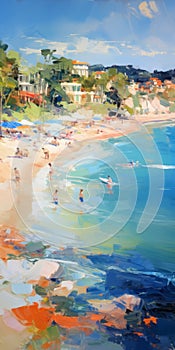 Vibrant Beach Painting With Playful Scenes And Brushwork Exploration