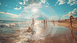 Vibrant beach scene with families, kites, sand castles, and volleyball, wide angle lens