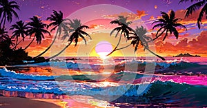 Vibrant Beach Sunset with Palms