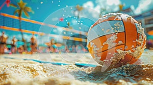 A vibrant beach volleyball in the foreground, with the sandy court and spectators in a gentle blur behind, reflecting