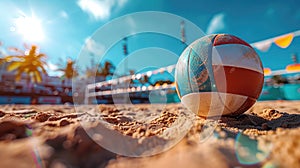 A vibrant beach volleyball in the foreground, with the sandy court and spectators in a gentle blur behind, reflecting