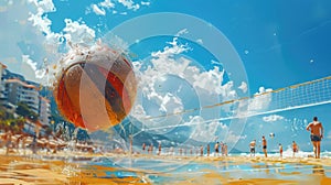 A vibrant beach volleyball in the foreground, with the sandy court and spectators in a gentle blur behind, reflecting