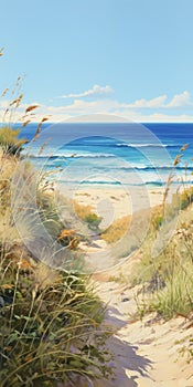 Vibrant Beachscape: Realistic Brushwork And Detailed Marine Views