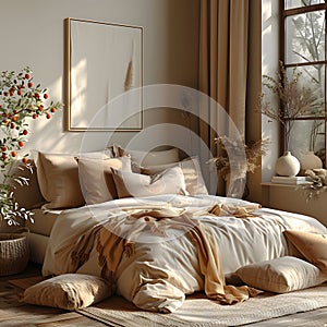 A Vibrant Bedroom Design: Deep Beige Bed Against Peachy Pastel Wall - Modern Lounge Area
