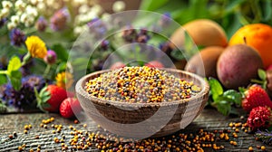 Vibrant bee pollen in clay bowl, paired with fruits and blooms. Bee-collected pollen as dietary supplement. Concept of