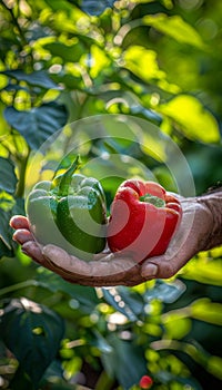 Vibrant bell peppers held in hand, colorful selection on blurred background with copy space