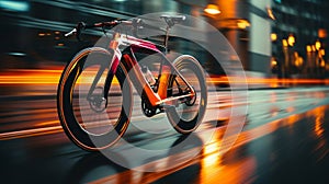Vibrant bicycle racing on dynamic urban track in creative blurred motion with cityscape background