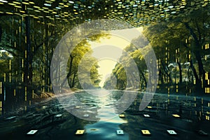 Vibrant binary code stream green and yellow data transfer flow in technology representation