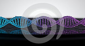 Vibrant biocolor DNA structure covered in water drops