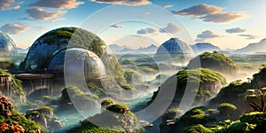 Vibrant biodome city on alien planet. diverse ecosystems, artificial, bioengineered. photo