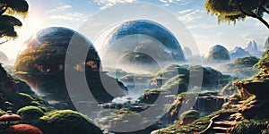 Vibrant biodome city on alien planet. diverse ecosystems, artificial, bioengineered. photo