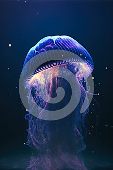 Vibrant bioluminescent jellyfish in dark blue water, generative ai