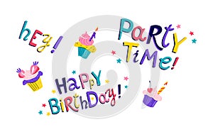 Vibrant Birthday Celebration Typography with Cupcakes Illustration