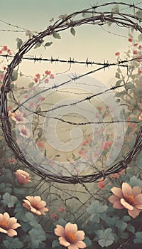 Vibrant, Blooming Flowers Intertwined with Harsh Barbed wire, Generated with AI