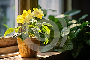 Vibrant Blooming Potted Plant on Wooden Shelf - Macro Photography