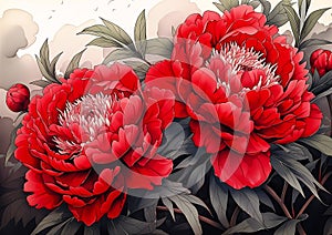 Vibrant Blossoms: A Stunning Display of Red Peonies and Anemones