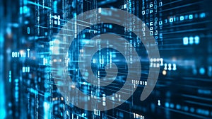 Dynamic software abstract background featuring flowing data streams and glowing binary code elements