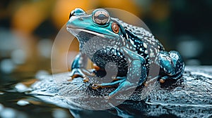 Vibrant blue and black frog on rock