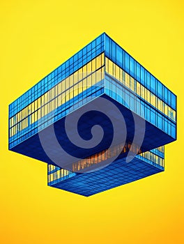 A vibrant blue building floats effortlessly against a dreamy yellow sky This image symbolizes innovation futurism aspiration photo