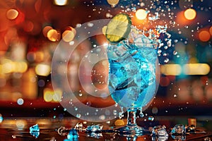 Vibrant Blue Cocktail Splash with Citrus Garnish in Bar Setting