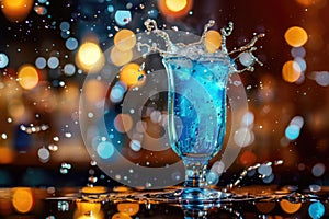 Vibrant Blue Cocktail Splash with Citrus Garnish in Bar Setting