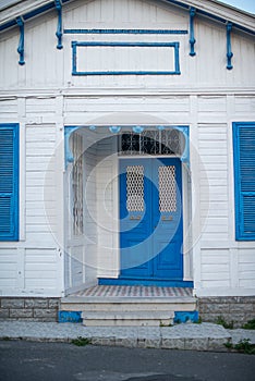 Vibrant Blue Doorway of a Traditional White House