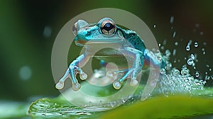Vibrant blue frog leaping onto a leaf, surrounded by water droplets
