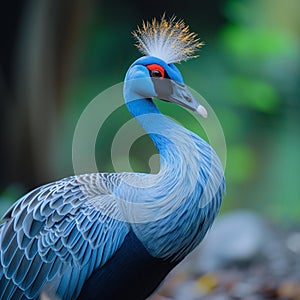 The vibrant blue goose presents its striking feathers in a regal stance