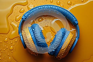 Vibrant Blue Headphones with Water Droplets - Summer Beats Concept. Concept Outdoor Photoshoot,