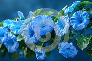 Vibrant Blue Morning Glories with Lush Green Leaves Against a Blurred Blue Background Floral Beauty in Nature