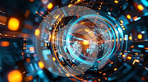 Futuristic Digital Tunnel With Glowing Circuits, Abstract Technology Background. Concept of Cybersecurity and Data Speed