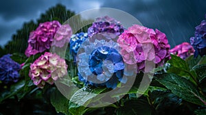 Vibrant Blue and Pink Hydrangeas in the Rain