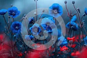 Vibrant blue poppies bloom in a mystical red-tinted meadow