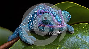 Vibrant blue and purple chameleon perched on a leaf
